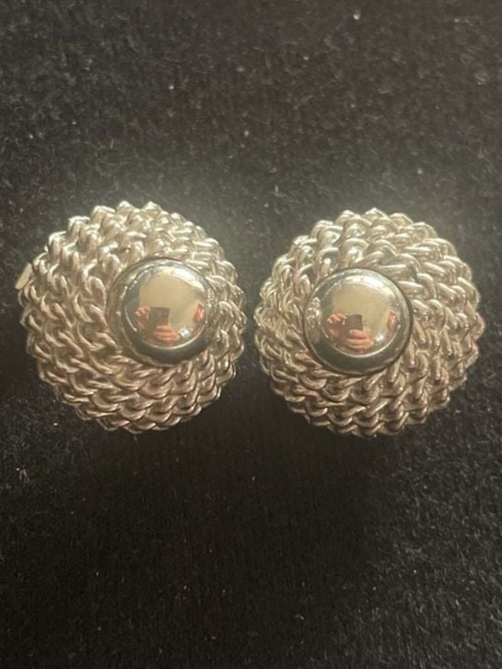 Vintage Silver Tone Textured Domed Rope Weave Clip-On Earrings